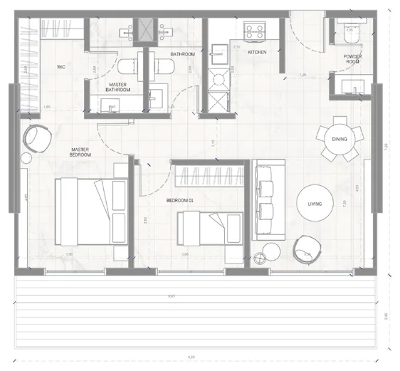 Планировка квартиры: 2 спальни, тип 2RC