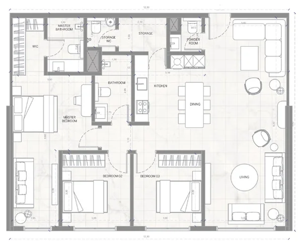 Планировка квартиры: 3 спальни, тип 3B