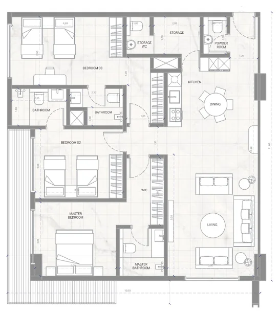 Планировка квартиры: 3 спальни, тип 3C